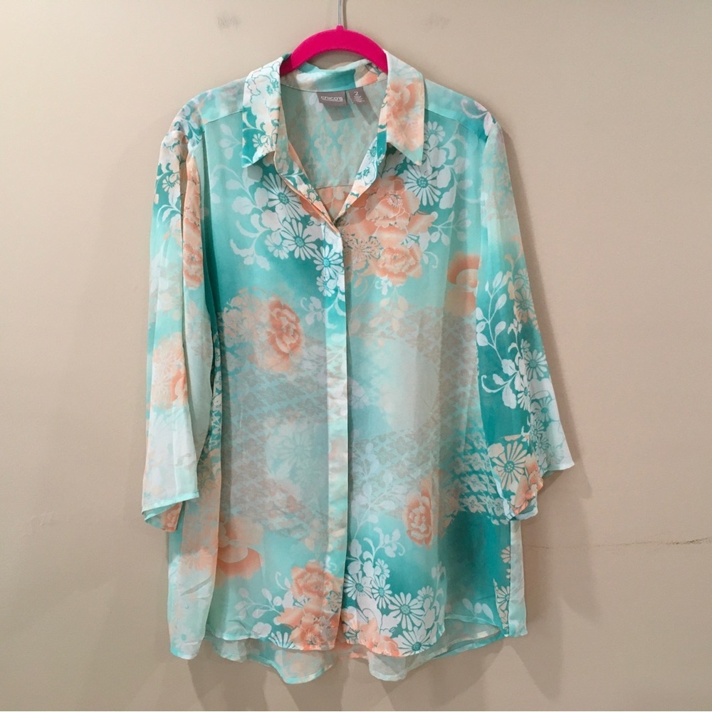 Chico's Top Teal Orange Floral Tunic Blouse Womens Size 2/M Button Up Shirt